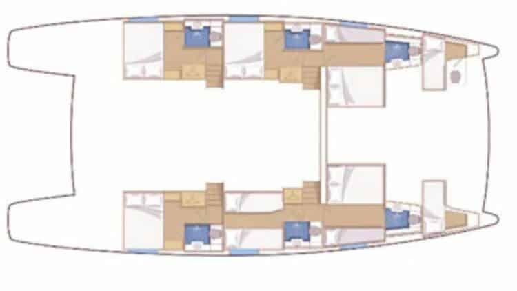 Plan d’aménagement intérieur d’un catamaran avec cabines et espaces de vie