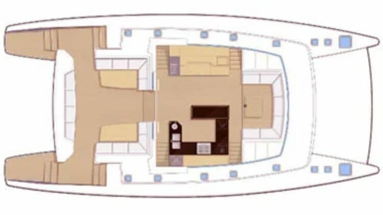 Plan du pont supérieur d’un catamaran avec espace salon et cuisine