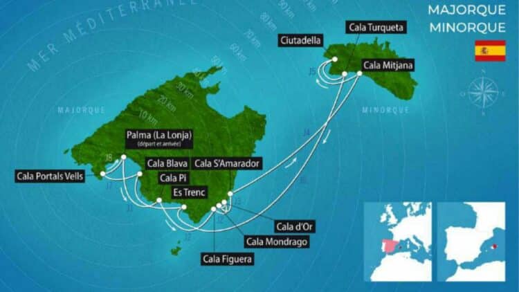 Carte de l’itinéraire de croisière entre Majorque et Minorque avec étapes principales