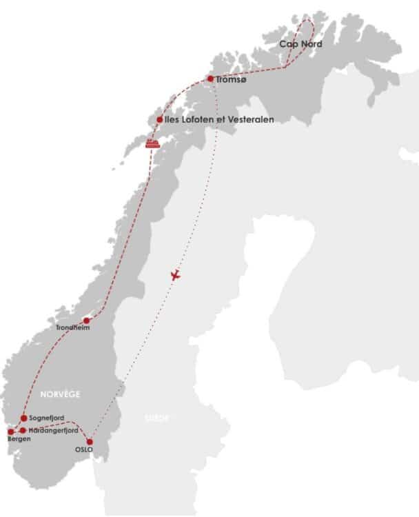Carte d’itinéraire d’un circuit en Norvège de Bergen au Cap Nord via fjords et Lofoten