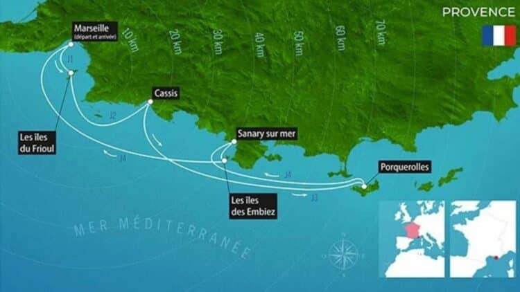 Carte de navigation montrant un itinéraire de croisière entre Marseille, Cassis et Porquerolles