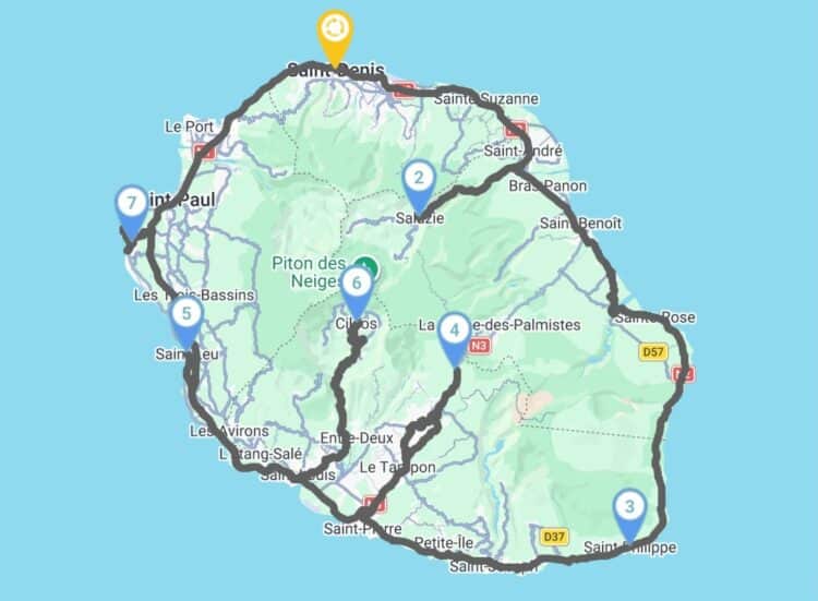 Carte de La Réunion montrant un itinéraire d’autotour autour de l’île