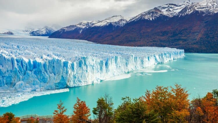 Front du glacier Perito Moreno se jetant dans les eaux turquoise du lac Argentino.
