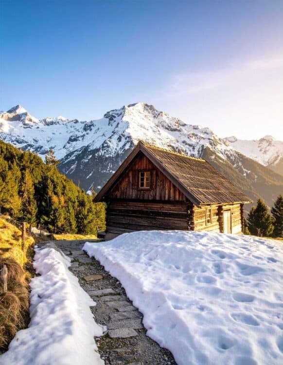Chalet traditionnel dans les Alpes autrichiennes entouré de montagnes enneigées.