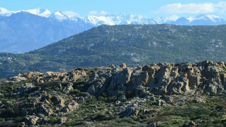 Paysage sauvage du désert des Agriates avec montagnes corses en arrière-plan.