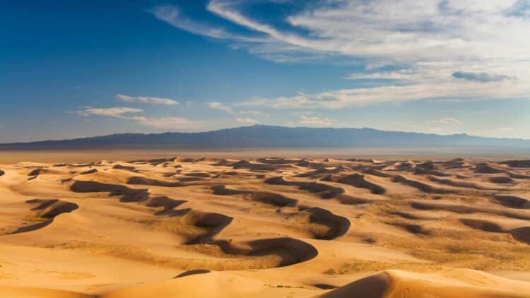 Vastes dunes du désert de Gobi sous un ciel bleu en Mongolie.