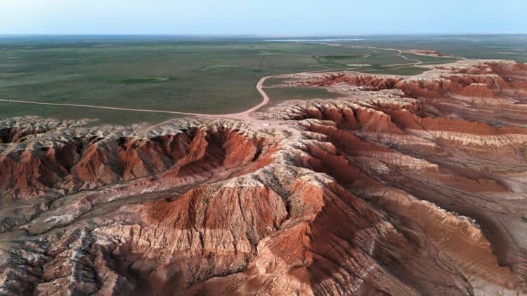 Falaises rouges de Bayanzag dans le désert de Gobi en Mongolie.