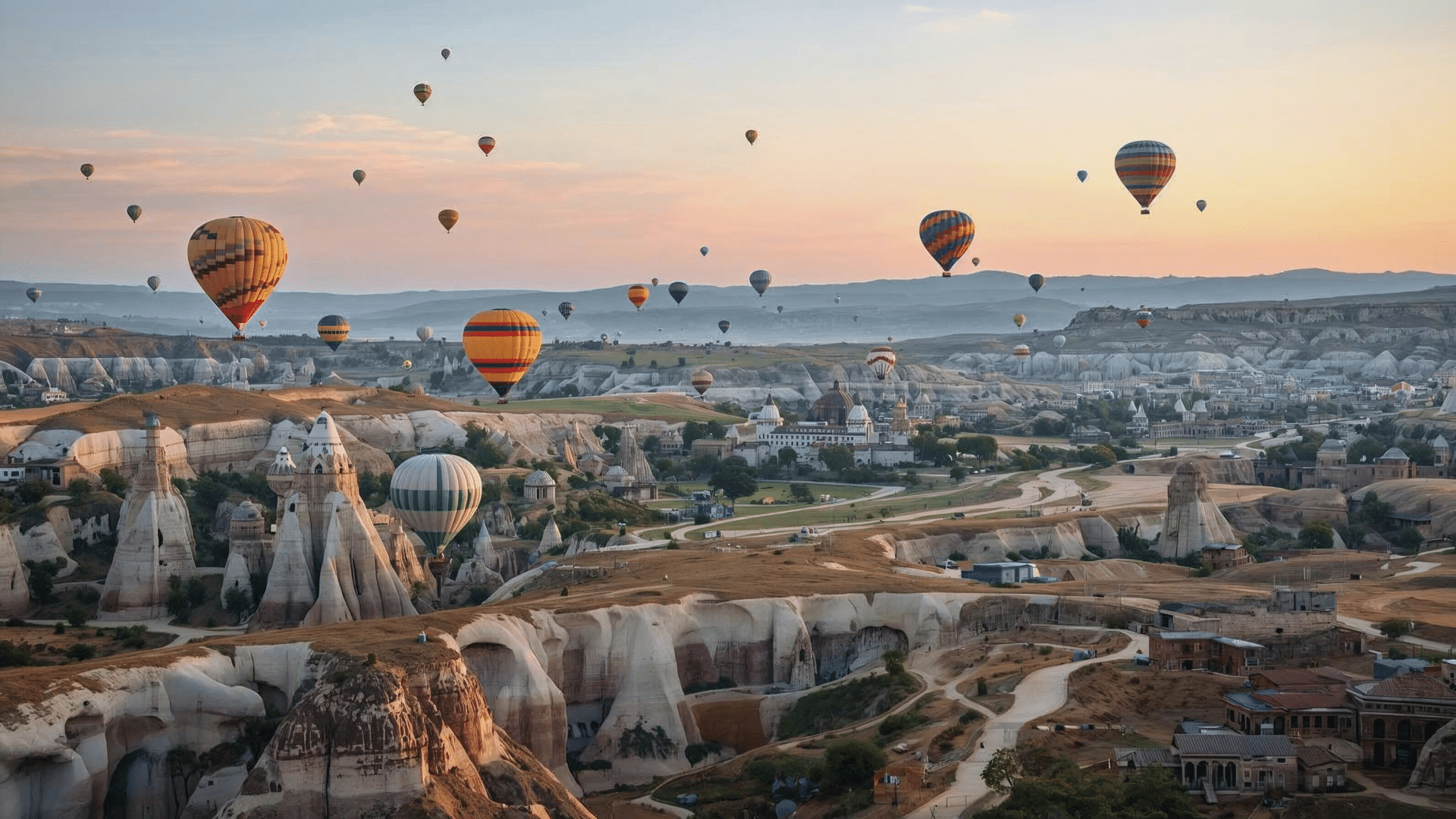 Montgolfières au-dessus des paysages de Cappadoce en Turquie