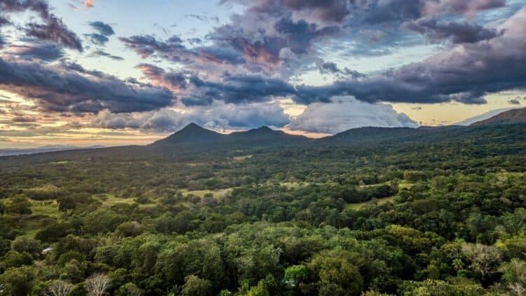 Paysage de collines et de forêt tropicale au coucher du soleil au Costa Rica.