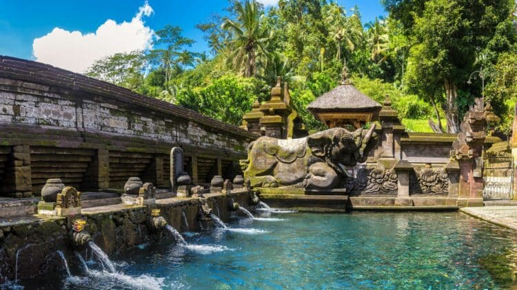 Temple et bassin d'eau sacrée au cœur de la végétation tropicale à Bali.