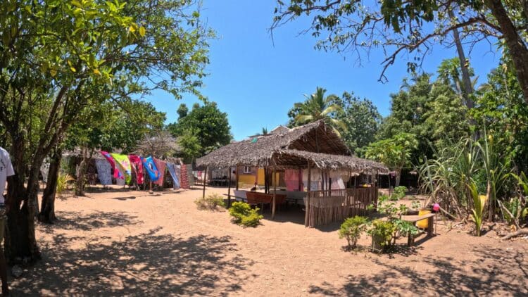 Maison traditionnelle au cœur d’un village malgache entouré de végétation.