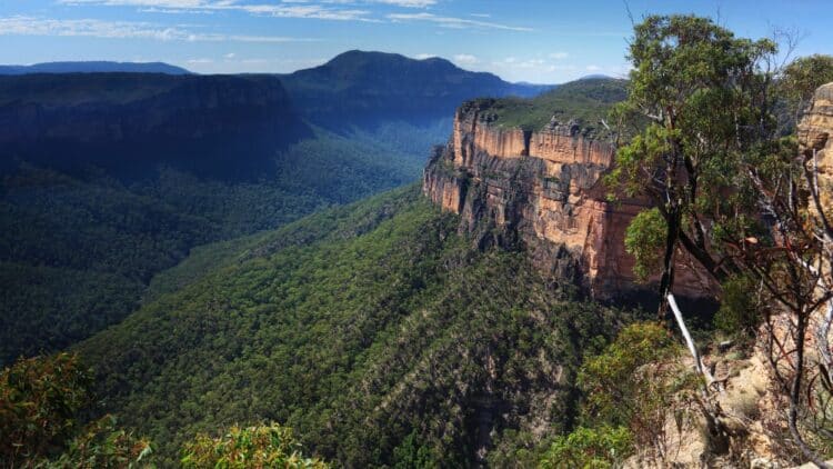 Falaises des Blue Mountains dominant une vaste vallée boisée en Australie.