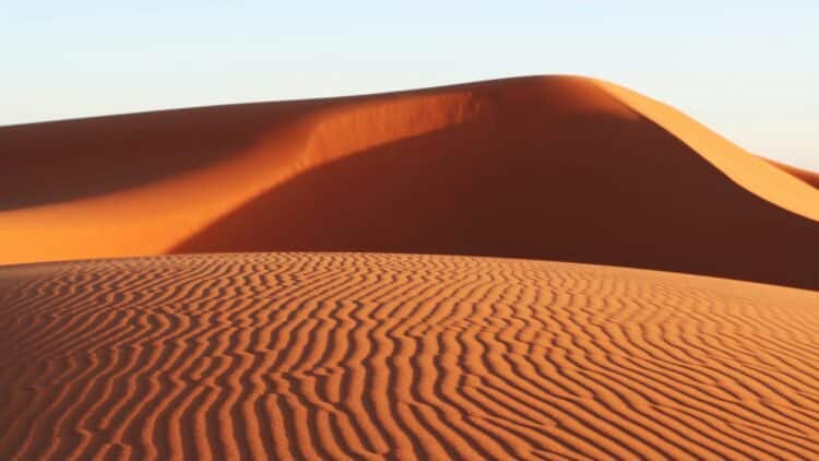 Grandes dunes de sable du désert marocain au coucher du soleil.