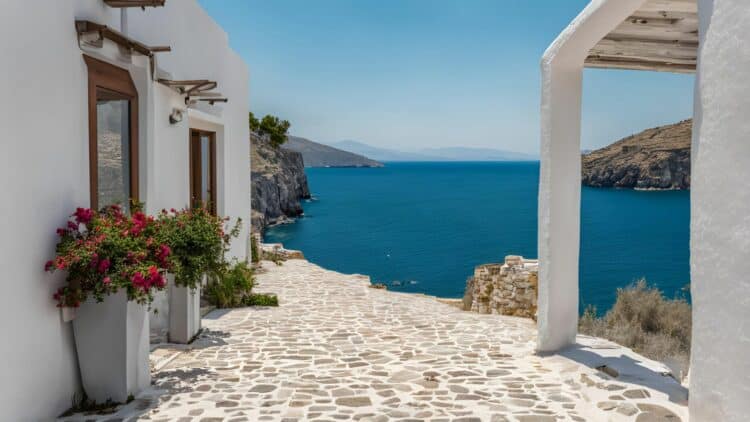 Village grec traditionnel avec vue sur la mer Méditerranée.