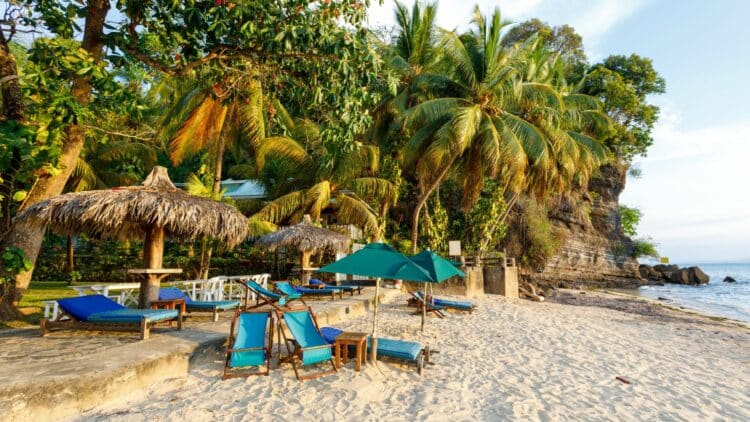 Plage bordée de palmiers sur l'île de Nosy Be à Madagascar.
