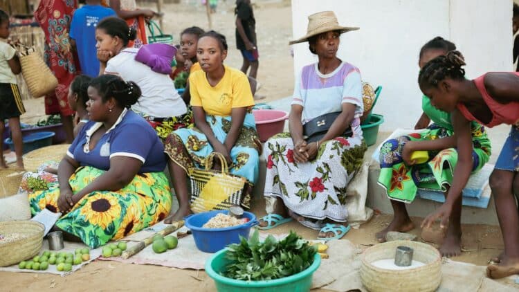 Habitants d'un village de Madagascar réunis sur un marché local.