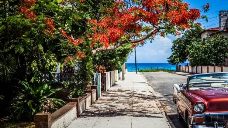 Rue colorée à Cuba avec une voiture américaine ancienne.