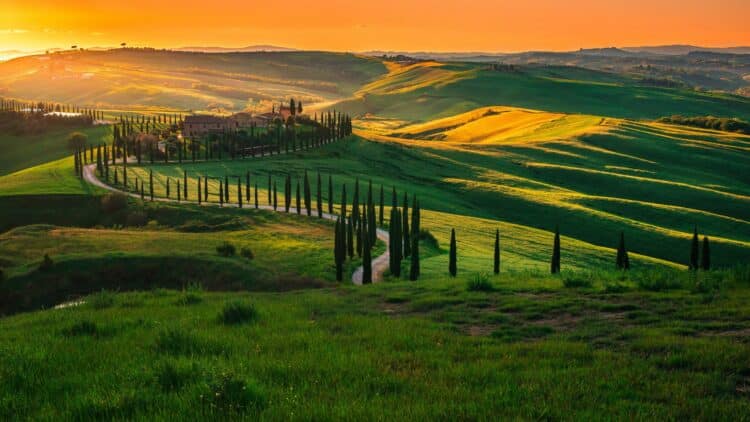 Paysage vallonné du Val d'Orcia en Toscane au coucher du soleil.